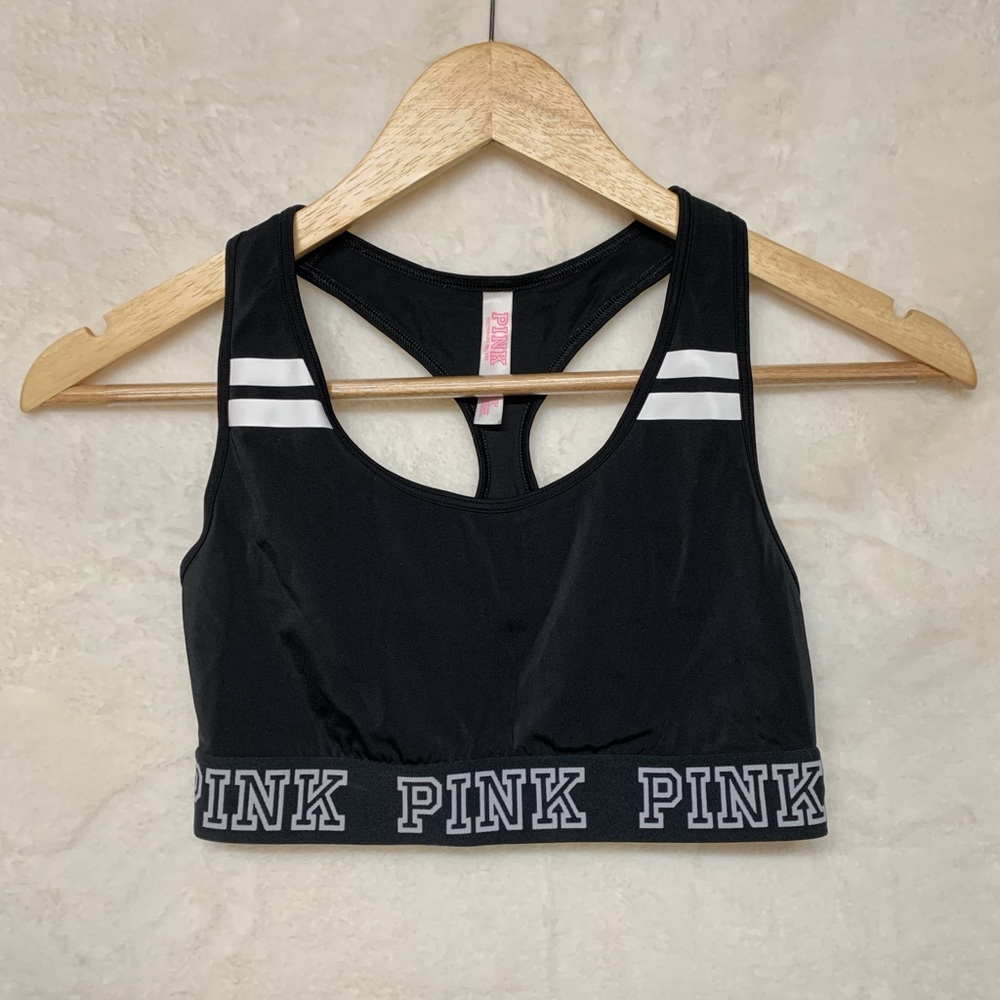 PINK Unlined Sports Bra Crop Black W/ Logo, Small
